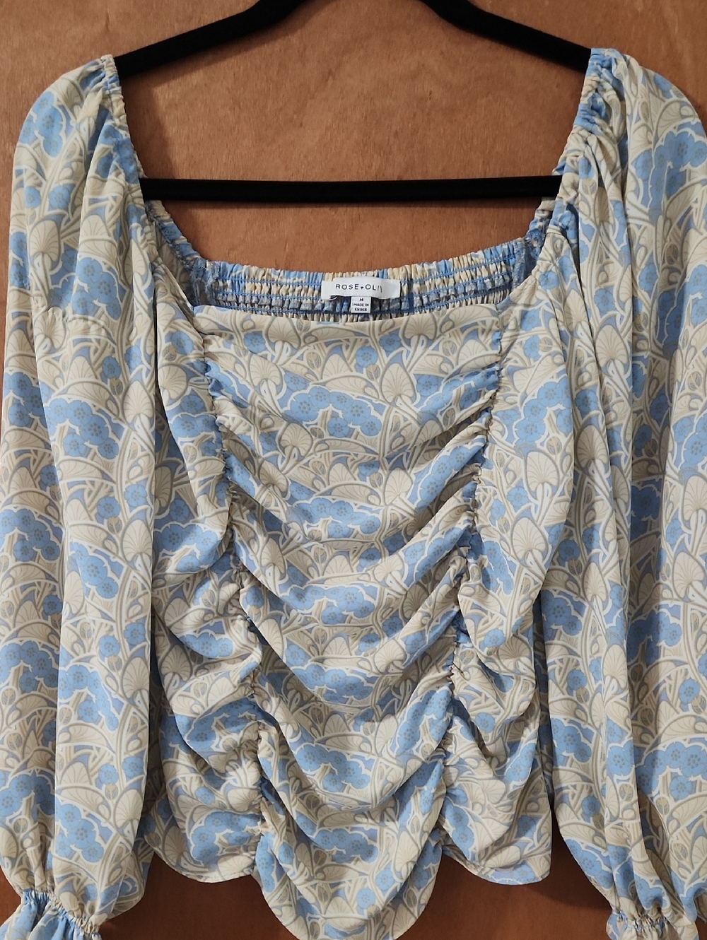 Rose & Olive Blue and Cream Floral Smocked Blouse Semi Sheer Size Small